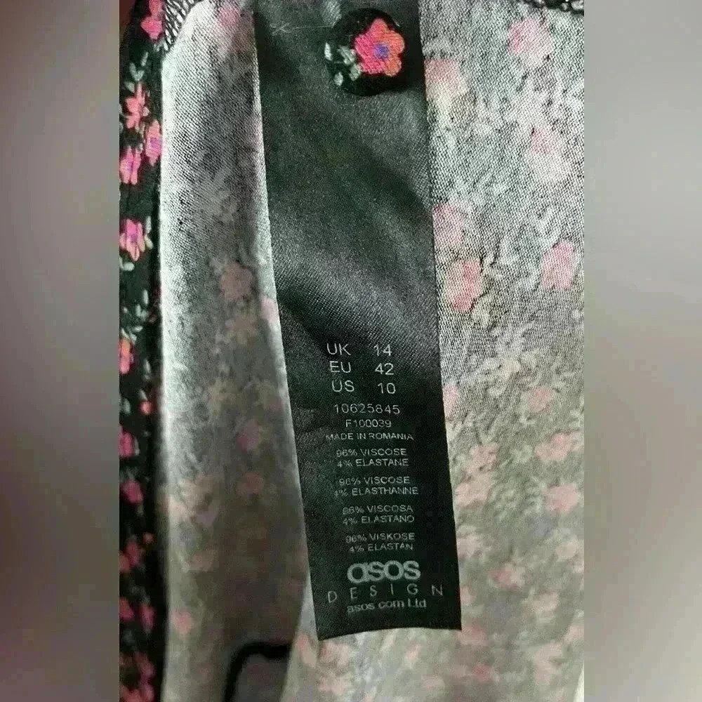 ASOS Black Dress w mini floral pattern Y2K 90s Sz 10 Tall Deep V Neck - Picture 4 of 6